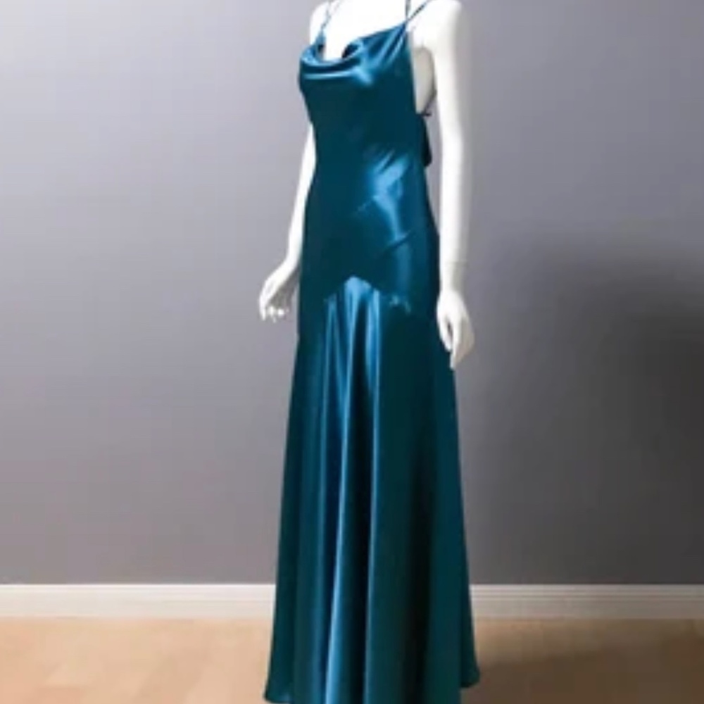 Peacock Blue Teal BCBG 100% Silk Dress Formal  Tie Back Floor Length Gown